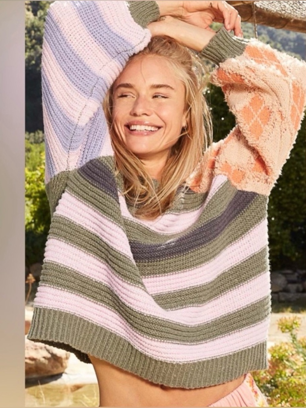 POL Colorful Mixed Stripe Sweater Pink Olive Coral Casual Pullover Top